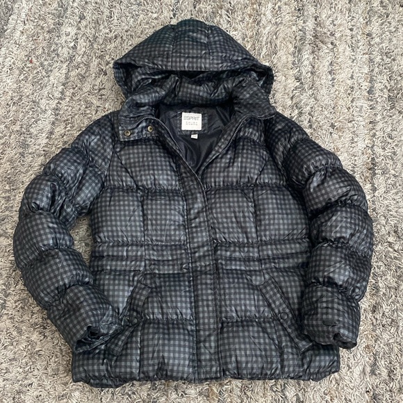 Vintage Black green Checkered Puffer down and feather Jacket sz 10 - Picture 2 of 12